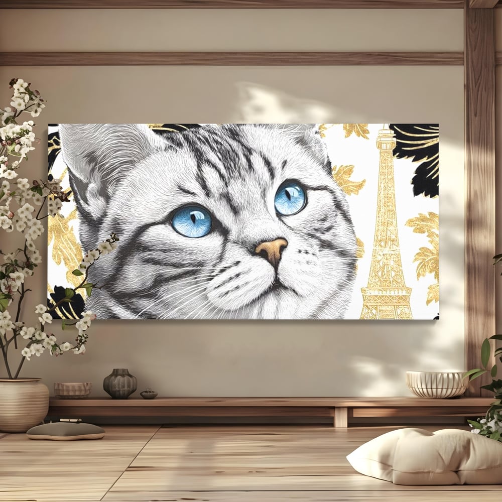 Tablou canvas cu tablou canvas cu pisica si turnul eiffel, fara rama, pe sasiu de lemn
